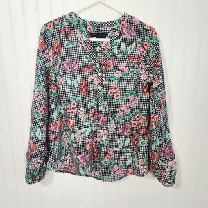 Tommy Hilfiger | Gingham Floral Popover Top Black White Medium